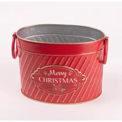   BÁDOG KASPÓ, OVÁLIS ALAKÚ, GYŰRŰ FÜLLEL, MERRY CHRISTMAS FELIRATTAL, PIROS