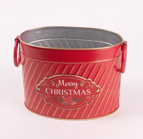BÁDOG KASPÓ, OVÁLIS ALAKÚ, GYŰRŰ FÜLLEL, MERRY CHRISTMAS FELIRATTAL, PIROS
