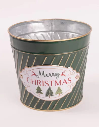 BÁDOG KASPÓ, KÖR ALAKÚ, MERRY CHRISTMAS FELIRATTAL, ZÖLD