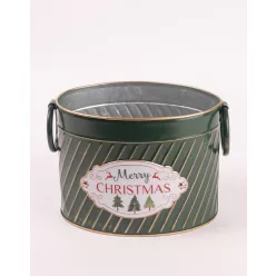   BÁDOG KASPÓ, OVÁLIS ALAKÚ, GYŰRŰ FÜLLEL, MERRY CHRISTMAS FELIRATTAL, ZÖLD