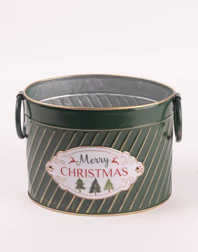 BÁDOG KASPÓ, OVÁLIS ALAKÚ, GYŰRŰ FÜLLEL, MERRY CHRISTMAS FELIRATTAL, ZÖLD
