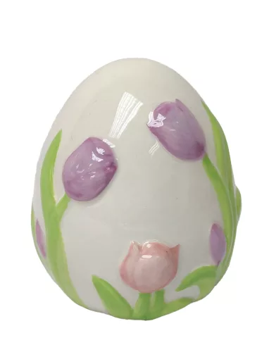 KERÁMIA TOJÁS FEHÉR, LILA ÉS RÓZSASZÍN TULIPÁNNAL