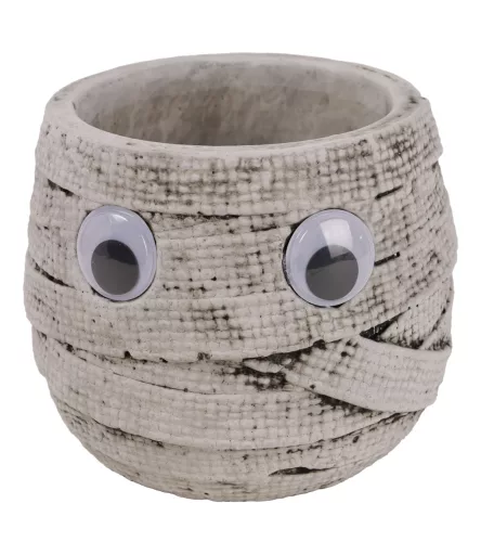 BETON KASPÓ, HALLOWEEN DEKORÁCIÓ, MÚMIA FORMÁJÚ, SZEMMEKKEL, SZÜRKE