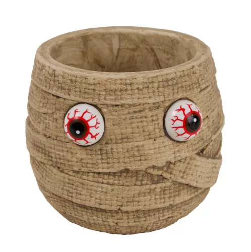 BETON KASPÓ, HALLOWEEN DEKORÁCIÓ, MÚMIA FORMÁJÚ, VÉRES SZEMEKKEL, SZÜRKE