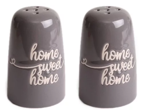 KERÁMIA SÓ ÉS BORSSZÓRÓ SZETT, 2 DARABOS, HOME SWEET HOME FELIRATTAL, SZÜRKE