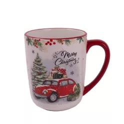   KERÁMIA BÖGRE, MERRY CHRISTMAS FELIRAT, PIROS AUTÓ ÉS FENYŐFA MINTÁS