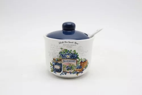 KERÁMIA CUKORTARTÓ KANÁLLAL, BLUEBERRY FELIRATTAL, ÁFONYÁS