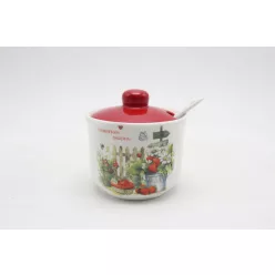   KERÁMIA CUKORTARTÓ KANÁLLAL,  STRAWBERRY GARDEN FELIRATTAL, EPRES