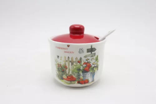 KERÁMIA CUKORTARTÓ KANÁLLAL,  STRAWBERRY GARDEN FELIRATTAL, EPRES