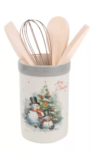 KERÁMIA TARTÓ FAKANALAKKAL, SZETTBEN, 5 DARABOS, HÓEMBEREK A KARÁCSONYFA ELŐTT, MERRY CHRISTMAS FELIRAT