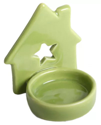 PORCELÁN MÉCSESTARTÓ TÁL HÁZZAL, CSILLAGOS, ZÖLD