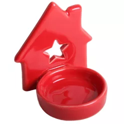 PORCELÁN MÉCSESTARTÓ TÁL HÁZZAL, CSILLAGOS, PIROS