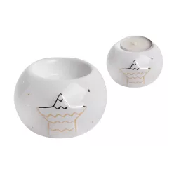 PORCELÁN MÉCSES TARTÓ, GÖMB, CSILLAGGAL, FEHÉR ARANY