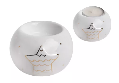 PORCELÁN MÉCSES TARTÓ, GÖMB, CSILLAGGAL, FEHÉR ARANY