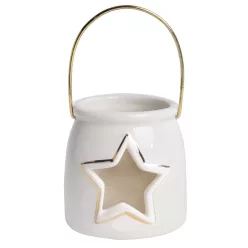   PORCELÁN MÉCSES TARTÓ, FÉM FÜLLEL, CSILLAGOS, FEHÉR ARANY