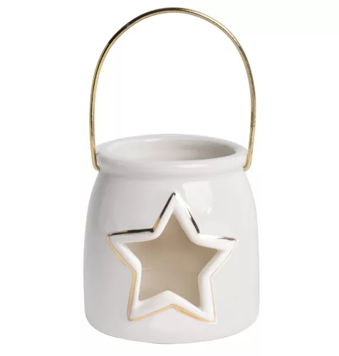 PORCELÁN MÉCSES TARTÓ, FÉM FÜLLEL, CSILLAGOS, FEHÉR ARANY