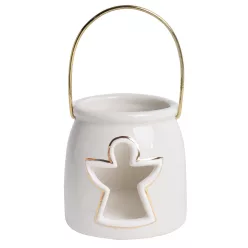   PORCELÁN MÉCSES TARTÓ, FÉM FÜLLEL, ANGYALOS, FEHÉR ARANY