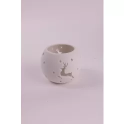 PORCELÁN MÉCSESTARTÓ GÖMB, FEHÉR, SZARVAS MINTÁS