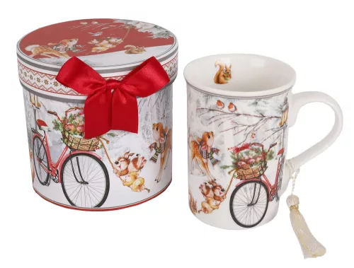 PORCELÁN BÖGRE, DÍSZDOBOZBAN, BICIKLI ÉS TÉLI TÁJ