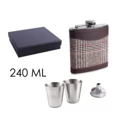   LAPOSÜVEG, ROZSDAMENTES ACÉL, SZETT DÍSZDOBOZBAN, 2 KISPOHÁRRAL, TÖLCSÉRREL, 4 DARABOS, BARNA KOCKÁS