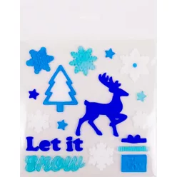   ABLAKZSELÉ RÉNSZARVAS, LET IT SNOW FELIRAT, KÉK ÉS FEHÉR