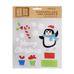   ABLAKZSELÉ PINGVIN ÉS AJÁNDÉKOK.  MERRY CHRISTMAS FELIRAT FEHÉR
