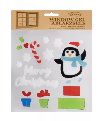 ABLAKZSELÉ PINGVIN ÉS AJÁNDÉKOK.  MERRY CHRISTMAS FELIRAT FEHÉR