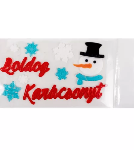 ABLAKZSELÉ  BOLDOG KARÁCSONYT FELIRAT, PIROS, HÓEMBER CILINDERBEN