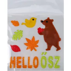 ABLAKZSELÉ MEDVE ALMÁVAL, FALEVELEK, HELLO ŐSZ FELIRAT