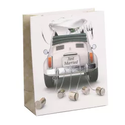   PAPÍRTASAK, MATT, EZÜST NYOMÁSSAL, SZALAG FÜLLEL, KOCSI ÉS KONZERVDOBOZOK MINTÁVAL, JUST MARRIED FELIRATTAL