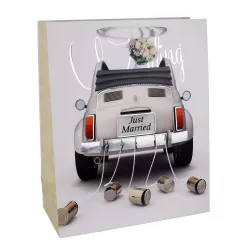   PAPÍRTASAK, MATT, EZÜST NYOMÁSSAL, SZALAG FÜLLEL, KOCSI ÉS KONZERVDOBOZOK MINTÁVAL, JUST MARRIED FELIRATTAL