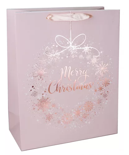 PAPÍRTASAK MATT, ARANY NYOMÁSSAL, SZALAG FÜLLEL, RÓZSASZÍN ALAPON HÓPIHE KOSZORÚ MINTÁS, MERRY CHRISTMAS FELIRATTAL