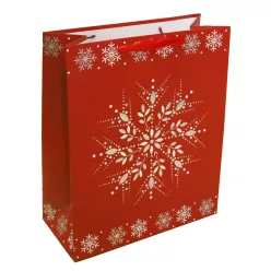   PAPÍRTASAK MATT, EZÜST NYOMÁSSAL, SZALAG FÜLLEL, PIROS ALAPON EZÜST HÓKRISTÁLY MINTÁS