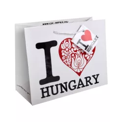   PAPÍRTASAK FÉNYES, FEHÉR ALAPON FEKETE I LOVE HUNGARY FELIRATTAL, PIROS MATYÓ SZÍVVEL