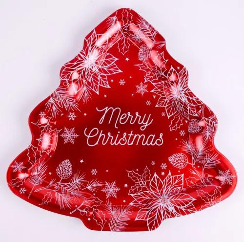 FÉM TÁLCA, KARÁCSONYI DEKORÁCIÓ, FENYŐFA FORMÁJÚ, JÉGVIRÁG MINTÁS, MERRY CHRISTMAS FELIRATTAL