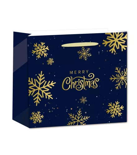 PAPÍRTASAK MATT, ARANY FÉNYES NYOMÁSSAL, FEKETE, ARANY HÓKRISTÁLYOKKAL, MERRY CHRISTMAS FELIRAT