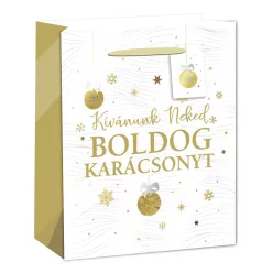   PAPÍRTASAK MATT, ARANY FÉNYES NYOMÁSSAL, KÁRTYÁVAL, FEHÉR ÉS ARANY, KÍVÁNUNK NEKED BOLDOG KARÁCSONYT FELIRAT