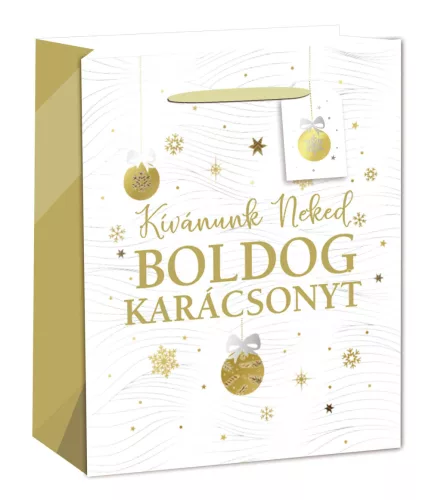 PAPÍRTASAK MATT, ARANY FÉNYES NYOMÁSSAL, KÁRTYÁVAL, FEHÉR ÉS ARANY, KÍVÁNUNK NEKED BOLDOG KARÁCSONYT FELIRAT