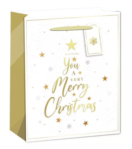 PAPÍRTASAK MATT, EZÜST ÉS ARANY FÉNYES NYOMÁSSAL, FEHÉR ÉS ARANY, WISHING YOU A VERY MERRY CHRISTMAS FELIRAT