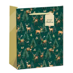   PAPÍRTASAK MATT, ARANY FÉNYES NYOMÁSSAL, KÁRTYÁVAL, MERRY CHRISTMAS FELIRAT, ZÖLD, FENYŐK, SZARVASOK