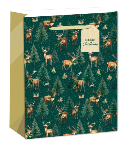 PAPÍRTASAK MATT, ARANY FÉNYES NYOMÁSSAL, KÁRTYÁVAL, MERRY CHRISTMAS FELIRAT, ZÖLD, FENYŐK, SZARVASOK