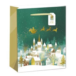   PAPÍRTASAK MATT, ARANY FÉNYES NYOMÁSSAL, KÁRTYÁVAL, MERRY CHRISTMAS FELIRAT, FALU FELETT MIKULÁS RÉNSZARVAS SZÁNON
