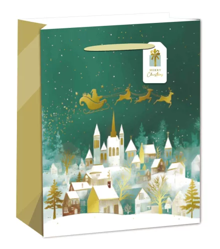PAPÍRTASAK MATT, ARANY FÉNYES NYOMÁSSAL, KÁRTYÁVAL, MERRY CHRISTMAS FELIRAT, FALU FELETT MIKULÁS RÉNSZARVAS SZÁNON