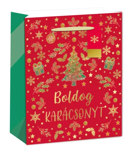 PAPÍRTASAK MATT, ARANY FÉNYES NYOMÁSSAL, KÁRTYÁVAL, PIROS/ARANY, BOLDOG KARÁCSONYT FELIRAT