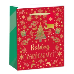   PAPÍRTASAK MATT, ARANY FÉNYES NYOMÁSSAL, KÁRTYÁVAL, PIROS/ARANY, BOLDOG KARÁCSONYT FELIRAT