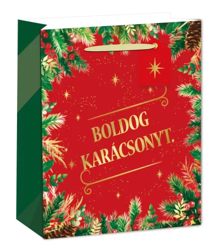 PAPÍRTASAK MATT, ARANY FÉNYES NYOMÁSSAL, KÁRTYÁVAL, FENYŐÁGAK, PIROS ALAPON, ARANY BOLDOG KARÁCSONYT FELIRAT