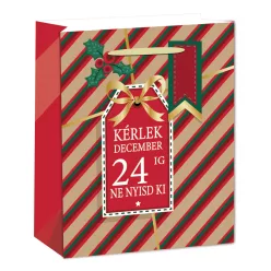   PAPÍRTASAK MATT, ARANY FÉNYES NYOMÁSSAL, PIROS/ZÖLD/NATÚR CSÍKOS, KÁRTYÁVAL, KÉRLEK DECEMBER 24-IG NE NYISD KI FELIRAT
