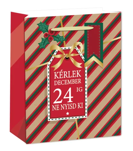 PAPÍRTASAK MATT, ARANY FÉNYES NYOMÁSSAL, PIROS/ZÖLD/NATÚR CSÍKOS, KÁRTYÁVAL, KÉRLEK DECEMBER 24-IG NE NYISD KI FELIRAT