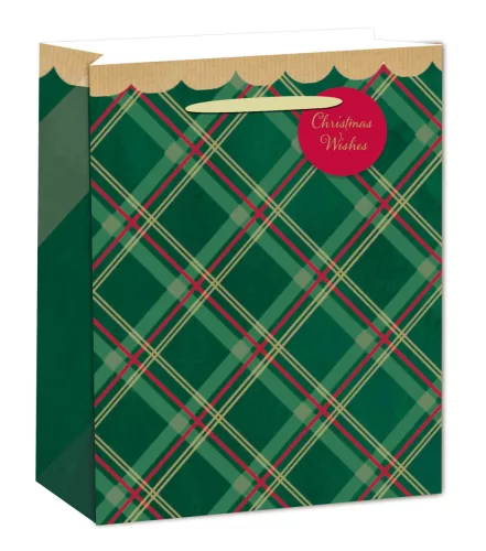 PAPÍRTASAK MATT, ARANY FÉNYES NYOMÁSSAL, KÁRTYÁVAL, CHRISTMAS WISHES, ZÖLD KOCKÁS
