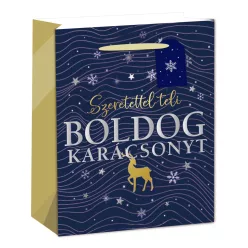   PAPÍRTASAK MATT, EZÜST FÉNYES NYOMÁSSAL, KÁRTYÁVAL, KÉK, SZERETETTEL TELI BOLDOG KARÁCSONYT FELIRAT, SZARVAS